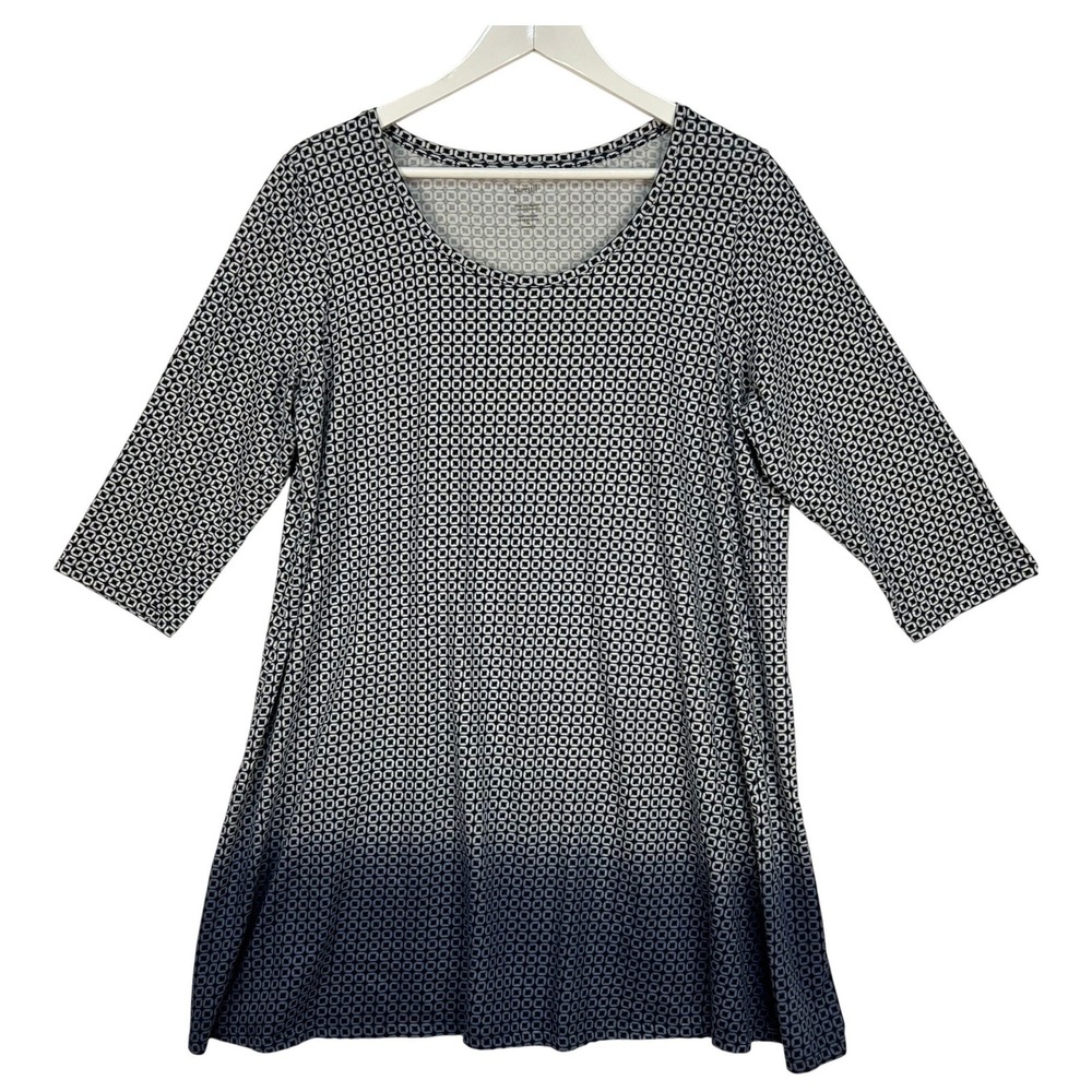 Pure Jill Ballet Sleeve Tunic Womens 1X Blue White Ombre Geometric 100% Cotton
